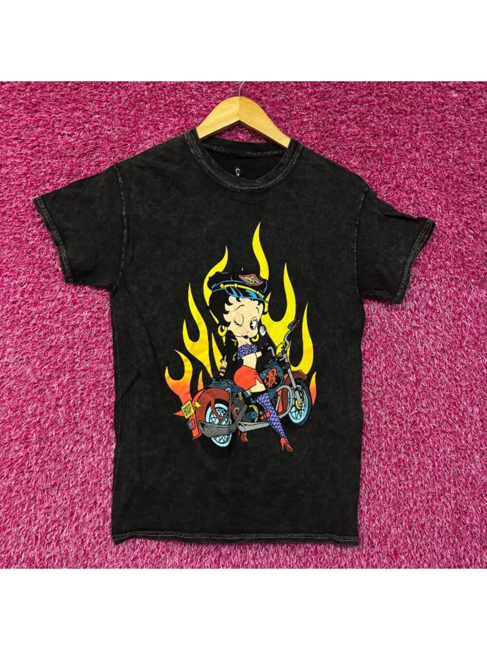 Betty Boop Biker Betty Flames Graphic Tee Charcoal Small